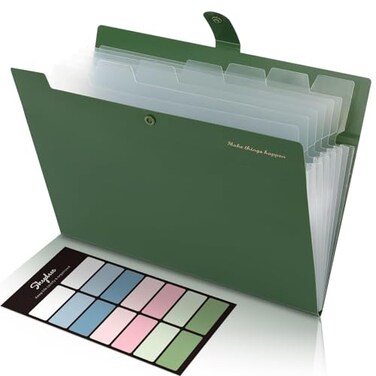SKYDUE Expanding File Folders with 8 Pockets Accordion File Organizer with Labels Portable Paper Bill Receipt Organizer Letter Size Home School Office Supplies Olive Green