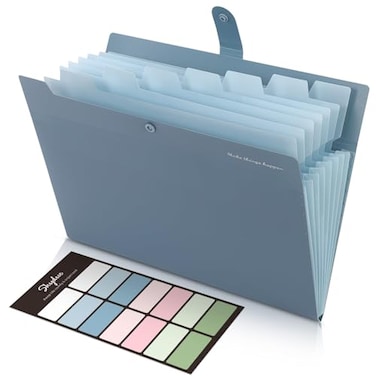 SKYDUE Expanding File Organizer with 8 Pockets Accordion File Folders with Labels Portable Document Paper Bill Receipt Organizer Home College School Office Supplies Letter Size Blue