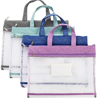 AVLA 4 Pack Student Book Pouches A4 Mesh Zipper Bag with Handle File Document Puzzle Bag with Name Card Pocket for Organizing Storage Board Games School Office Appliances Convenient to Carry