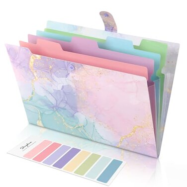 SKYDUE Expanding File Folder with 5 Pockets Cute Accordion File Organizer Letter Size Filing Folder Letter Size Folders for Documents School Office Supplies Marble Pink