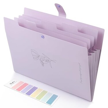SKYDUE Expanding File Organizer with 5 Pockets Accordion File Folders with Labels Portable Document Paper Bill Receipt Organizer Home College School Office Supplies Letter Size Lilac