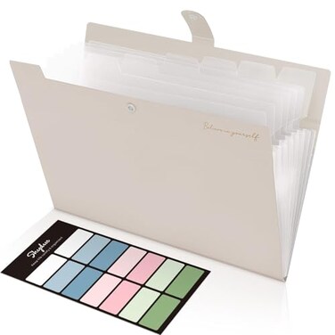 SKYDUE Expanding File Organizer with 8 Pockets Accordion File Folders with Labels Portable Document Paper Bill Receipt Organizer Home College School Office Supplies Letter SizeMilk Tea Brow