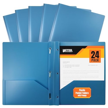 Better Office Products Light Blue Plastic 2 Pocket Folders with Prongs 24 Pack Heavyweight Letter Size Poly Folders with 3 Metal Prongs Fastener Clips Light Blue