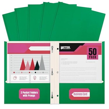 Better Office Products Green Paper 2 Pocket Folders with Prongs 50 Pack Matte Texture Letter Size Paper Folders 50 Pack with 3 Metal Prong Fastener Clips Green