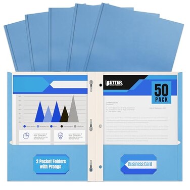 Better Office Products Light Blue Paper 2 Pocket Folders with Prongs 50 Pack Matte Texture Letter Size Paper Folders 50 Pack with 3 Metal Prong Fastener Clips Light Blue