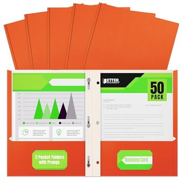Better Office Products Orange Paper 2 Pocket Folders with Prongs 50 Pack Matte Texture Letter Size Paper Folders 50 Pack with 3 Metal Prong Fastener Clips Orange