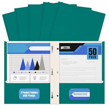 Better Office Products Teal Paper 2 Pocket Folders with Prongs 50 Pack Matte Texture Letter Size Paper Folders 50 Pack with 3 Metal Prong Fastener Clips Teal