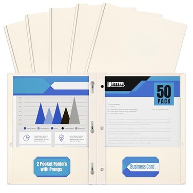 Better Office Products White Paper 2 Pocket Folders with Prongs 50 Pack Matte Texture Letter Size Paper Folders 50 Pack with 3 Metal Prong Fastener Clips White