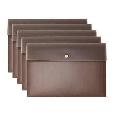 VANRA 5 Pieces A4 Envelopes Folders for Paperwork Plastic Wallets Document Organizer with Snap Button Closure A4 Letter Size Brown