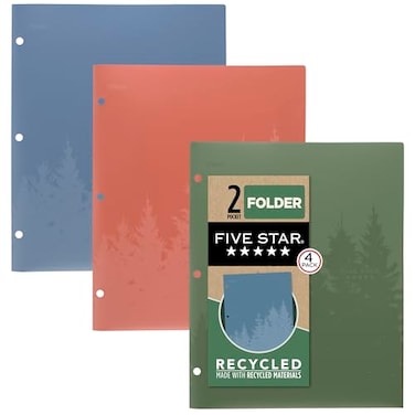 Five Star 2 Pocket Folders 4 Pack Recycled Plastic Folders with StayPut Tabs and Prong Fasteners Fits 3Ring Binder Holds 11 x 812 Paper Writable Label Clay Green Blue Gray 33002