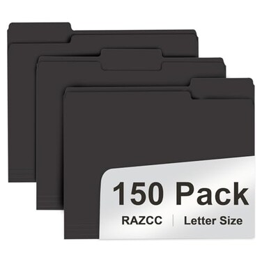 RAZCC File Folder 150 Pack 13 Cut Tab File Folders Letter Size Black Folders for Dcouments Folders with Tab Great for Organizing and Easy File Storage