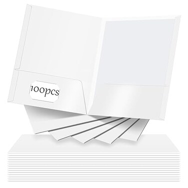 Seajan 100 Pack Folder with 2 Pocket Glossy Laminated Letter Size Paper Folder with Pocket Bulk Paper Portfolios for School Teacher College Office White