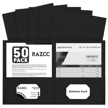 RAZCC Two Pocket Folders 50 Pack 2 Pocket Folders Fit Letter Size Paper Paper Folders with Pockets for School Office Business Home Black
