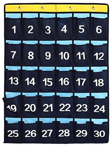 ANIZER Numbered Pocket Chart Over Door Hanging Classroom Organizer for Cell Phones Calculators Holders Blue 30 POCKETS