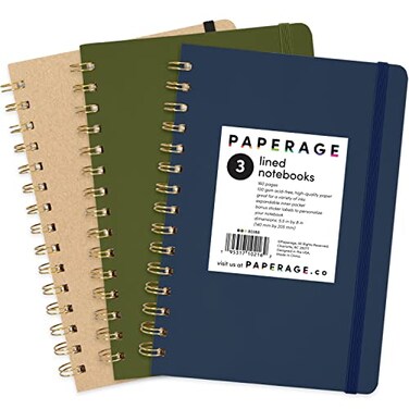PAPERAGE Lined Spiral Journal Notebook Navy Olive Green Kraft 3 Pack 160 Pages Medium 55 inches x 8 inches 100 GSM Thick Paper Hardcover DoubleWire Spiral Journal Notebook