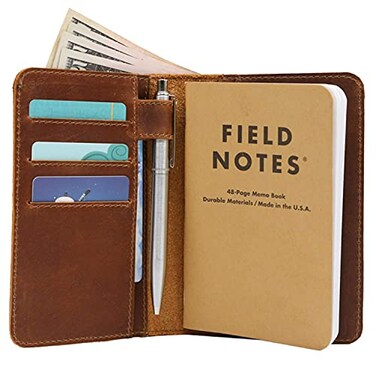 Jack's Point Leather field notes wallet cover for memo pocket sized notebook fits 35 x 55 notebooks separate pocket for cash real top grain leather multiple pockets for extra functionality and pen loo