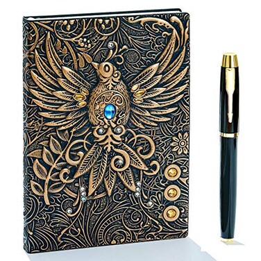 fengco Embossed Leather Journal Writing Notebook Antique Handmade Leather Daily Notepad Sketchbook Travel Diary Notebooks to Write in Phoenix Gift For Men Women with Golden Classic Pen Bronze