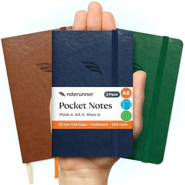 Roterunner A6 Pocket Notebook Bold Classic 3 Pack 35x55 Dotted Mini Notebook Journal 100Gsm Perforated Paper Work Gym Travel Journal Notebook Leather Small Notebook Numbered with Notes Index