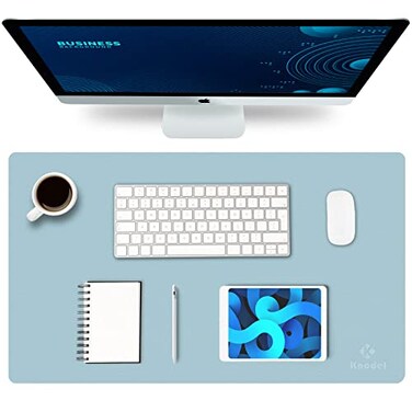 K KNODEL Small Office Leather Desk Mat Mouse and Keyboard Pad Computer and Laptop Mat Desktop Protector and Cover Writing Pad and Blotter 236x138 Light Blue
