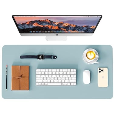 WAYBER Leather Desk Pad Protector Waterproof Mouse Pad PU Desk Mat Office Desk Cover Desk Writing Mat for OfficeHomeWorkCubicle Light BlueSilver 355x17 in