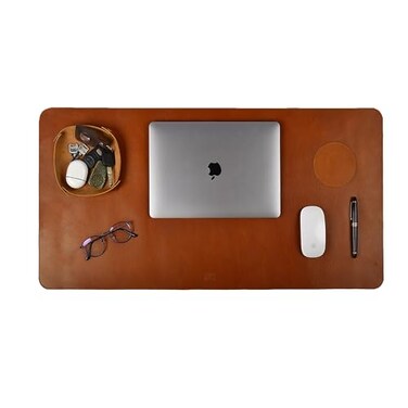 LEATHER VILLAGE Real Leather Desk Pad 3mm Thick Double Layer Desk Mat Cover Blotter Large Full Grain Protector for Keyboard Mouse Laptop Office Table Mat Desktop Accessories32x16Tan
