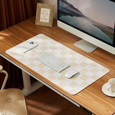 Ohocut Checkered Desk Mat 315 x 157 Large Cute Beige Sand Aesthetic Retro Accessories PU Leather Computer Laptop Desk Mat Mouse Keyboard Pad Desk Writing Makeup Mat for VanityWorkHome Decor