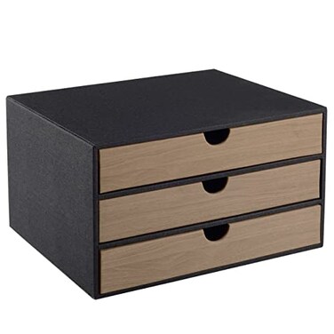RHCSZ Fashion Multicolor Collocation Leather Desk Organizer File Cabinet Executive Office Supplies Desktop Filing A4 Contract Document Stackable Storage Box with 3 Drawers Black