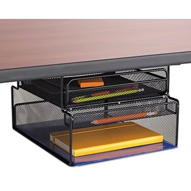 Safco 3244BL Onyx Mesh Deluxe Under Desk Hanging File Paper Organizer Black Steel Construction 2 Compartments Tabletop or Desktop Perfect for Home Office Classrooms Black