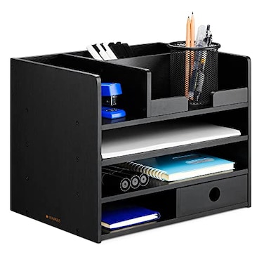 Navaris Bamboo Desk Organizer Desktop Table Storage Drawers and Compartments for Organizing Stationery Documents Files Office Accessories Black