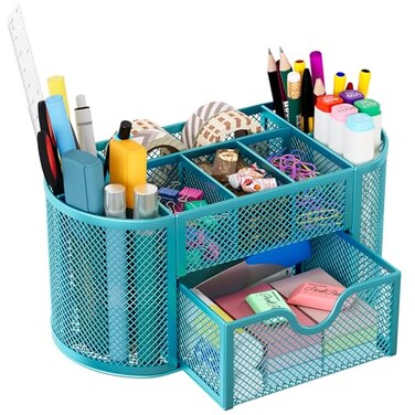 EasyPAG Mesh Pen Holder Desk Organizer with Drawer Stationery Supplies Organizer for Dorm School 9 Compartments Workspace Desk Accessories Organization for Office Blue