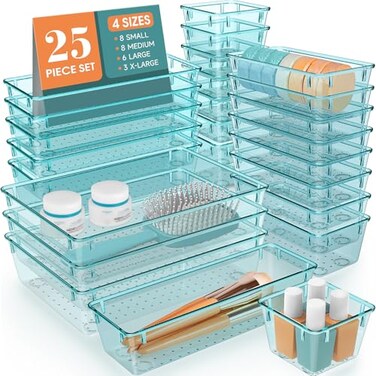 WOWBOX 25 PCS Plastic Drawer Organizer Set 4 Sizes Desk Drawer Divider Organizers and Storage Bins for Makeup Jewelry Gadgets for Kitchen Bedroom Bathroom Office Sea Blue