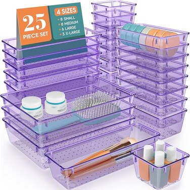 WOWBOX 25 PCS Plastic Drawer Organizer Set Desk Drawer Divider Organizers and Storage Bins for Makeup Jewelry Gadgets for Kitchen Bedroom Bathroom Office Clear Purple
