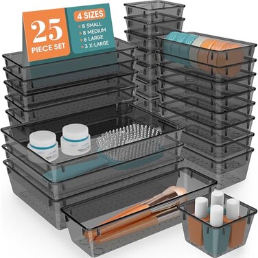 WOWBOX 25 PCS Plastic Drawer Organizer Set Desk Drawer Divider Organizers and Storage Bins for Makeup Jewelry Gadgets for Kitchen Bedroom Bathroom Office Black