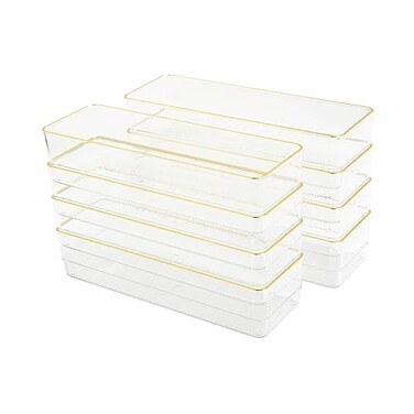 Martha Stewart Kerry Plastic Stackable Office Desk Drawer Organizers 9 x 3 8 Pack with Gold Trim