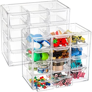 YOUEON 2 Pack Mini Desk Organizer with 12 Removable Drawers Clear Plastic Desktop Drawer Organizer Desk Craft Storage Box for DIY Crafts Art Supply Office Cosmetic Jewelry