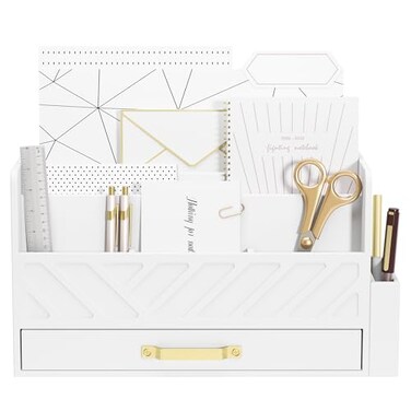 WISUCART Bamboo Desk Organizer Mail Holder Countertop Wood Desk Drawer Tabletop Storage Box Pen Holder Letter Sorter Makeup Organizer for School Home Office Supplies with Pen Holder White