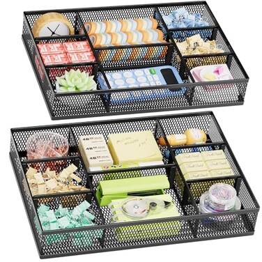 Marbrasse 2 Pack Desk Drawer Organizer Mesh Drawer Organizer Tray with 8 Adjustable Compartments Desk Organizers and Accessories 5 Dividers Drawer for Office Supplies Makeup Vanity Black