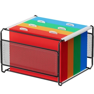 MaxGear Hanging File Organizer Box Letter Size Hanging Folder Organizer with Smooth Rails Metal Filing Box for Hanging File Folders Mesh File Storage Box for Desk Office School Home Black