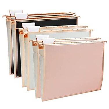 Y YOMA 6 Pack Rose Gold Hanging File Folders with Pocket Letter Size Decorative File Folder Cute Pretty Hanging Folder for Office Home School with 15Cut Adjustable Tabs Inner Storage Pockets