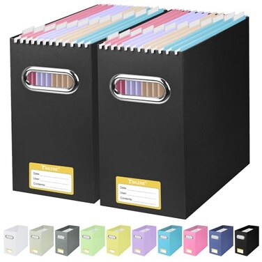 BALEINE File Organizer Box Cardboard File Folder Organizer with Handle for Letter Size Portable Collapsible Hanging Filing Box for Home Office Document Storage 2 Pack Black