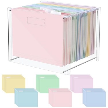 Dispowreath 24 Hanging File Folder with Acrylic Organizer for Lettera4 Size Desktop Clear File Storage Box with Handles for Home Work Office UseMacaroonClassic