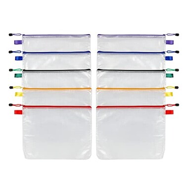 Oxford Reinforced Zip Pouches 10 Pack 13316 x 10716 Translucent Poly Bag White Mesh Lining Red Yellow Green Purple Blue Zippers 77707