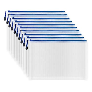AUSTARK 10 Pcs Zipper File Bags Waterproof Plastic Mesh Pouch for Office School Board Game Storage Bags A4 Size 134x94 White and Blue