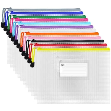 AUSTARK Plastic Mesh Zipper Pouch 12Pcs Zipper File Bags with Label Pocket A5 Size 92x67in White