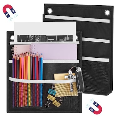 Henoyso 2 Pcs Magnetic Locker Organizer File Holder 4 Compartments Magnetic Paper Holder 3 Tier Storage Letter File Pocket for Documents Mails Fridge Whiteboard Office Black