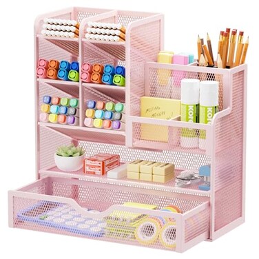Marbrasse Mesh Desk Organizer with Drawer MultiFunctional Pencil Organizer 12 Compartments Pink Modern Minimalist