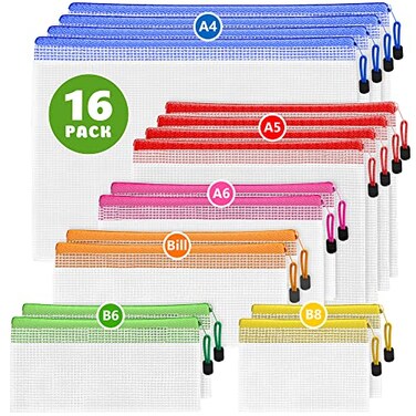 JUZARI 16 Pack Assorted Sizes Plastic Mesh Zipper Pouches for Storage Organize Board Games Puzzles Documents Bills School and Office Supplies Travel Makeup Multisize Mesh Zipper Pouch