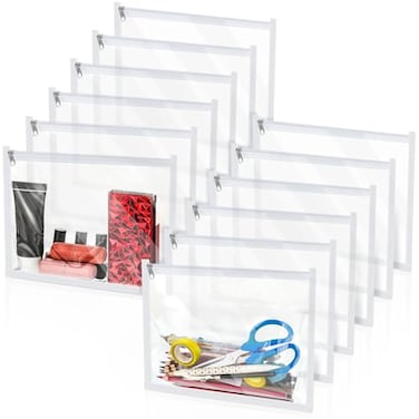 Chengu 12 Pcs Clear Zipper Pouches PVC Makeup Pouch Envelopes Folder Storage Multipurpose Pencil Pouch Document File Organization Bags for Office Travel Makeup Home Supplies10 x 8 x 02 InchWhite
