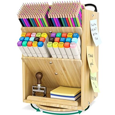 DF DARFOO Bamboo Desk Organizer Storage Accessories Ultralarge 13 compartments 1000 Pencil Holder Capacity Easy DIY Assembly Rotating Desktop Organizer Cosmetics and Office Supplies