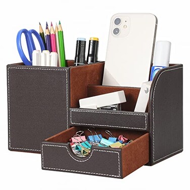 KINGFOM Desk Organizer Office Supplies Caddy Pu Leather Multifunction Storage Box PenPencilCell phone Business Name Cards Remote Control Holder with Small Drawer Brown